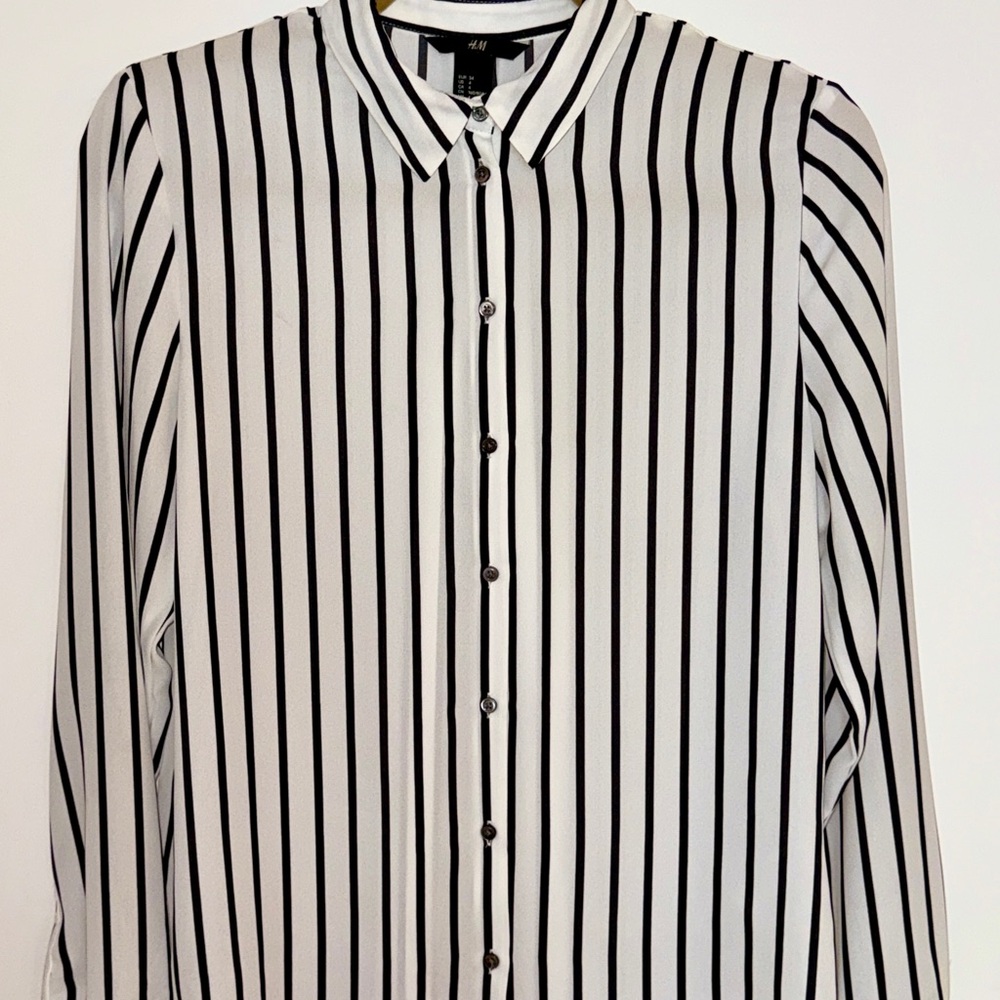 Black and White Vertical Striped Button Down Blouse